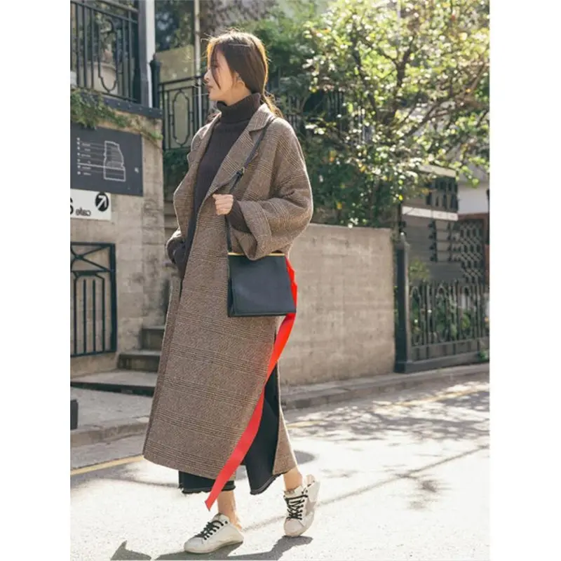 New Autumn Long Women Wool Coat Lapel Fashion Belt Slim Female Elegant Vintage Jacket Overcoat For Office Ladies Plus Size f1512