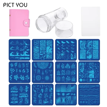 

PICT YOU 12 Pcs Stamping Plates +1 Nail Stamper + 1 Scraper Set Nail Art Stamp Plate Stamping Templates Stamping Case Kit
