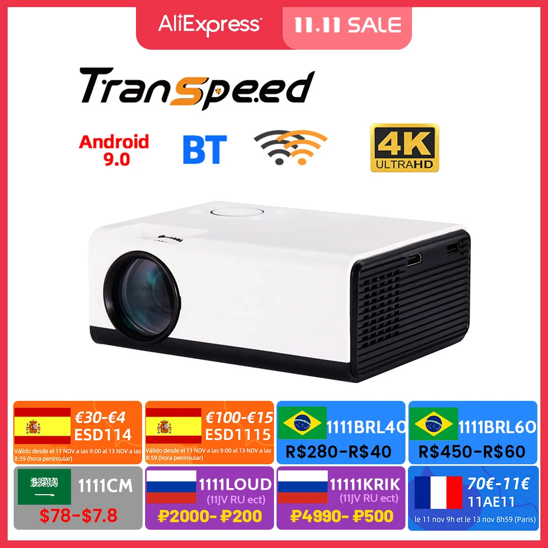 Светодиодный проектор Transpeed Android 9 0 с двумя WIFI BT4.1 поддержка Full HD 1080P портативный