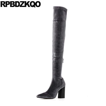 

luxury brand shoes women thick over the knee block tall chunky boots fall fashion winter high heel long pointed toe velvet gray