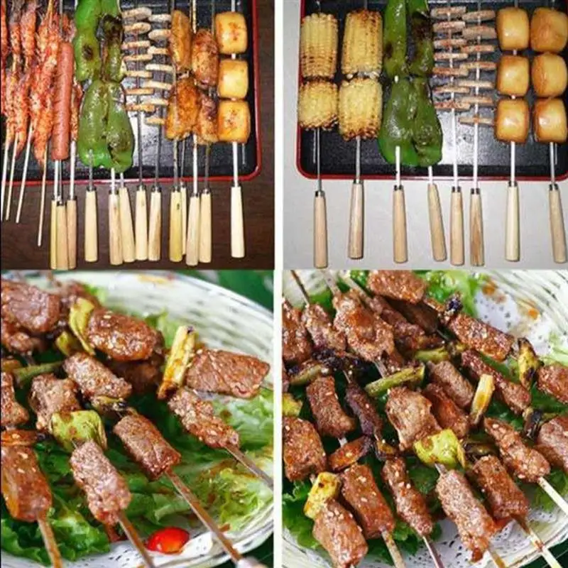 20Pcs/Set Barbecue Skewer Wooden Handle Stainless Steel Kabob Skewer BBQ Stick BBQ Tools Accessories For Outdoor Camping