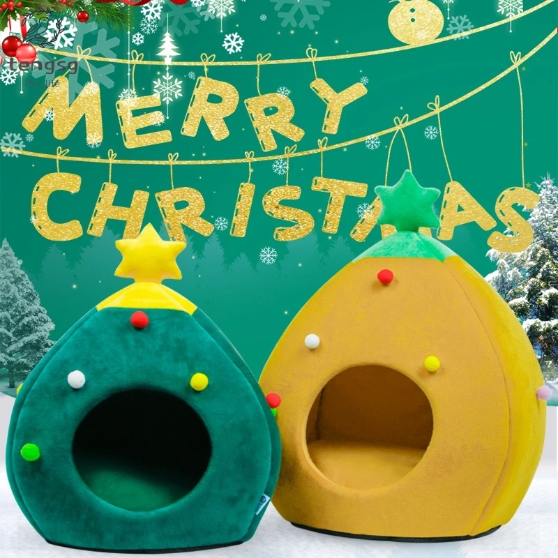 

Cute Christmas Tree Shape Cat Kennel Soft And Comfortable Foldable Winter Warm Animal Puppy Sleeping Mat Bed New Year Gift