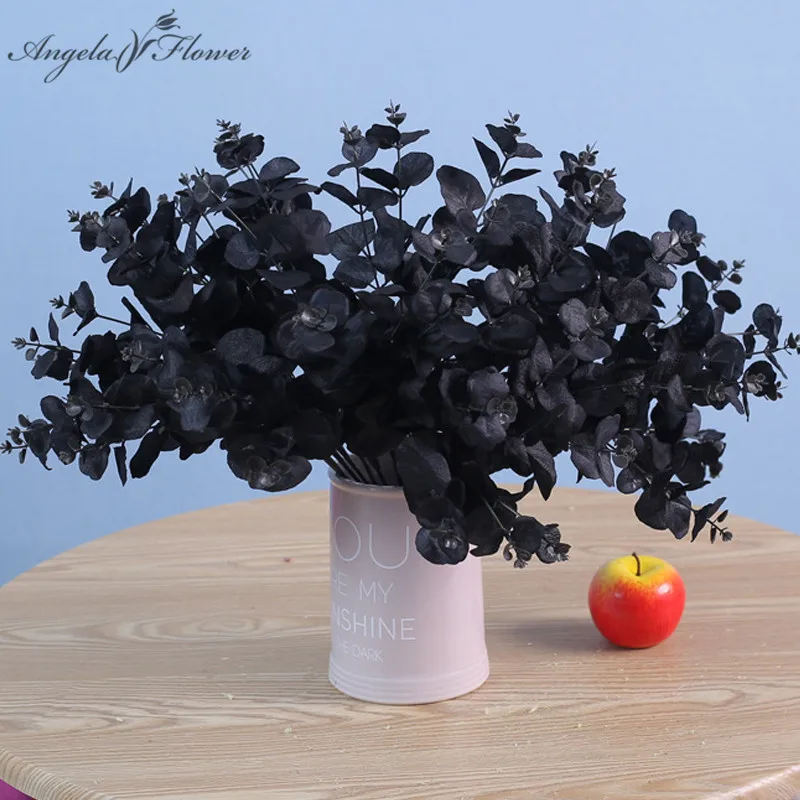 20 têtes 5 branches noir coloré artificiel eucalyptus feuilles plantes vertes soie fleur bouquet mariage maison fête décor artisanat