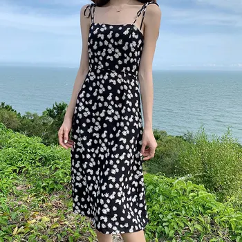 

Women Summer Long Daisy Dress 2020 New Sleeveless Spaghetti Strap Ladies Flower Printed Slim A-line Chic Sling Dresses