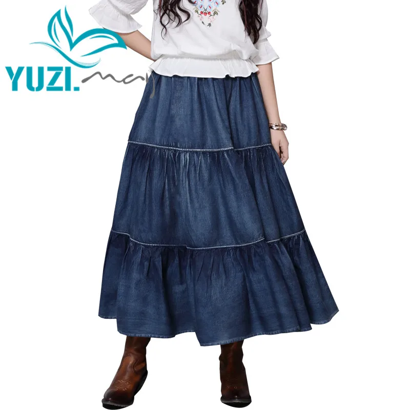 

Skirts Womens 2020 Yuzi.may Boho New Denim Women Skirt Layered Swing Hem Vintage Patchwork Saias X2230 Long Blue Saia Feminina