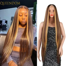 

Honey Blonde Long Straight Lace Wig Mixed Brown T Lace Wig for Black Women 40" Synthetic Natural Hairline Highlight Wig Perruque