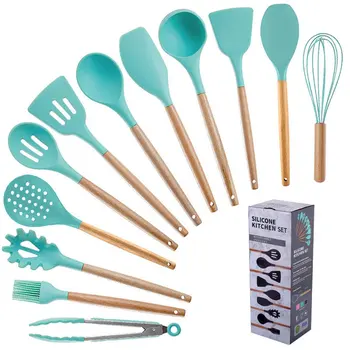 

Silicone Kitchenware With Storage Bucket 12-piece Set Beech Wood Handle Kitchenware For Non-stick Pans