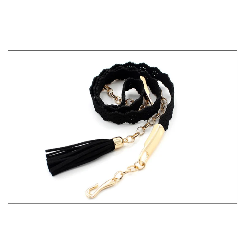 Женский тонкий ремень с металлической пряжкой на крючках и цепочкой, высокое качество, из искусственной кожи, с тиснением, женские ремни, женские декоративные ремни