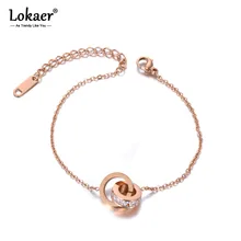 Lokaer Titanium Stainless Steel CZ Crystal Circle Charm Bracelets For Women Girls Rose Gold Chain& Link Bracelet Jewelry B19111