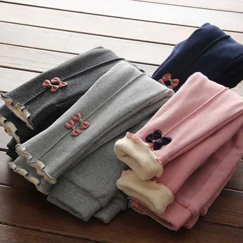 

Korean Kids Plus velvet Legging Girls Bow Decoration Trousers Autumn Winter Child Solid color Elasticity Slim Girls Pants