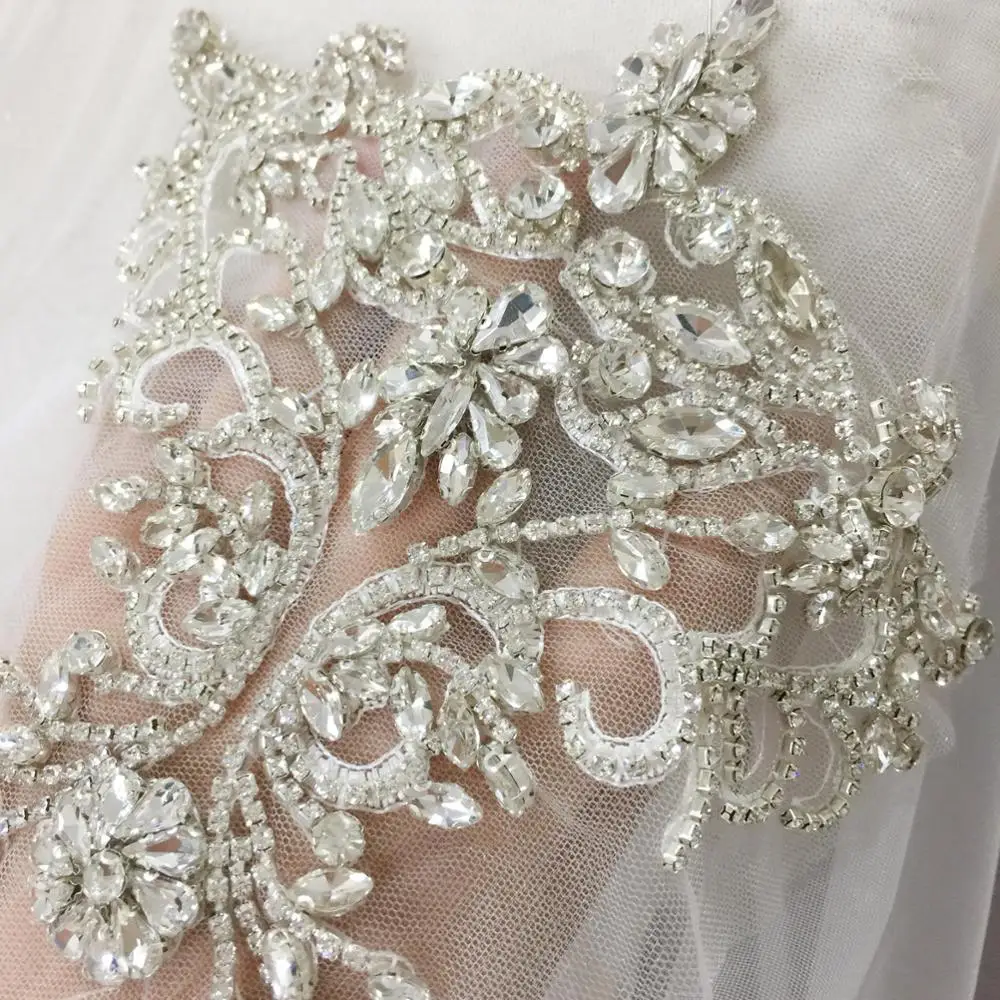 

Rhinestone Crystal appliques, tulle crystale beading lace collar with Lace Backingfor Wedding Dresses Belt Bridal Cover up 15x20