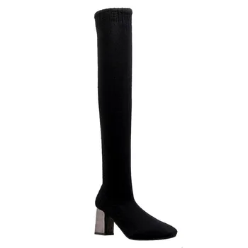 

With Socks Boots 2019 Overknee Boots Square Autumn Thin Black
