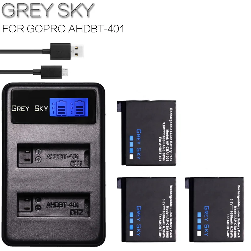 charger and 3battery Для GoPro Hero 4 Hero4 батарея+ светодиодный зарядное устройство для go pro AHDBT-401 HERO4 черный серебристый аксессуары для экшн-камеры - Цвет: charger and 3battery