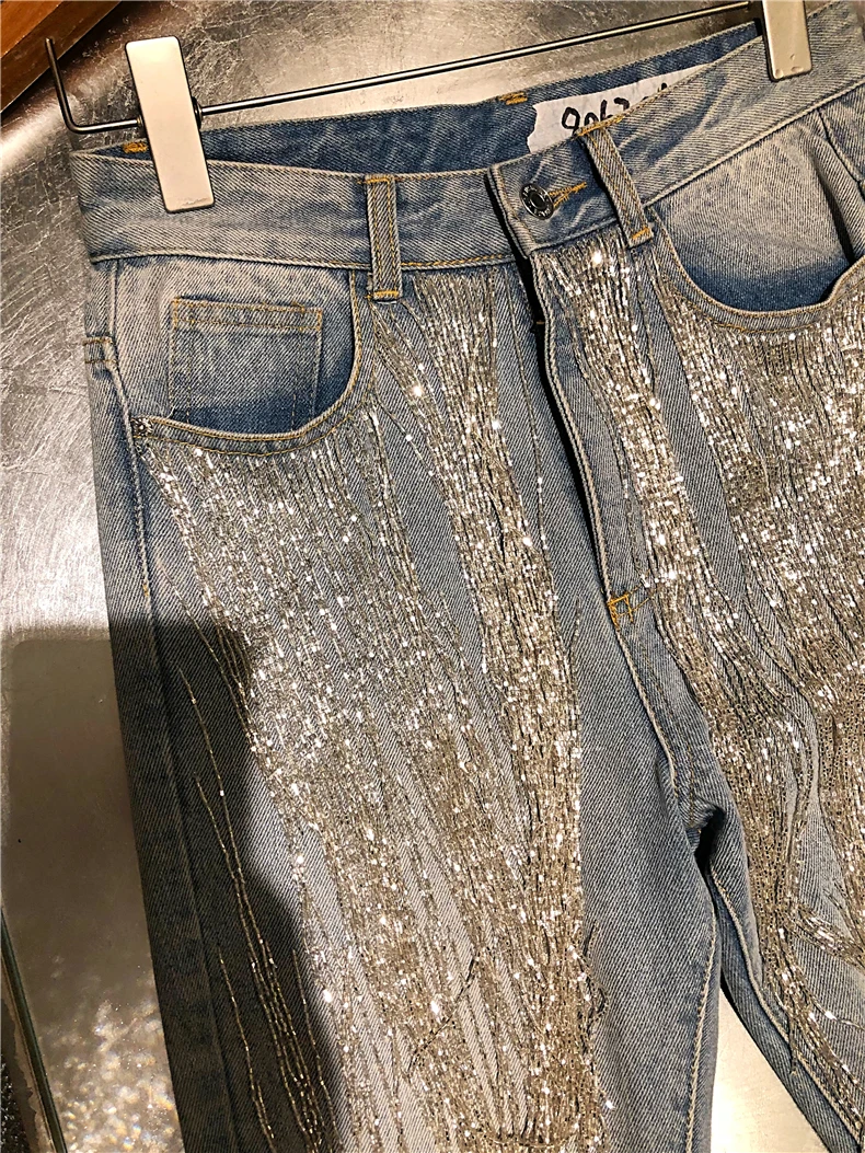 

2020 Spring Autumn New Gradient Colored Heavy Handmade Beaded Skinny Jeans Pants Women's Jeans Denim Pants Ladies Streetwear