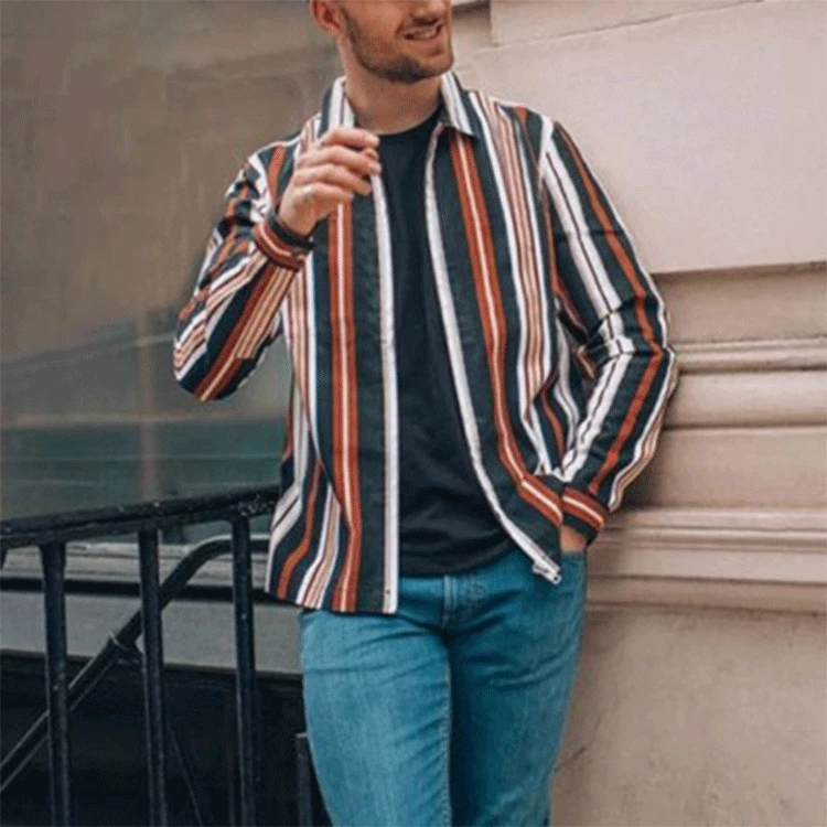 

2021 spring and autumn new, Europe and the United States striped print long-sleeved shirt man