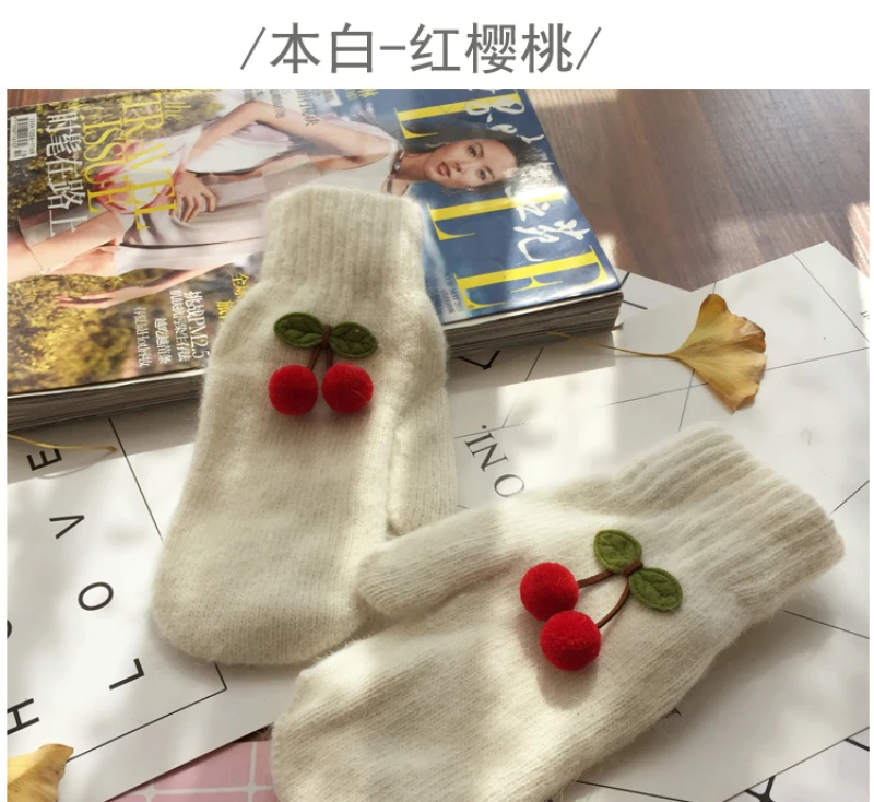 Women Winter Cute Lovely Keep Warm Mittens Full Finger Knitting Gloves Cherry Plus Velvet Inside Thicken Windproof Soft Female