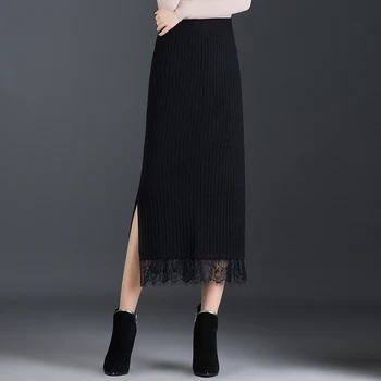 

2020 New Women Long Skirt Autumn Fashion Elastic Waist Black Lace Patchwork Chiffon Color Modern Lady Pleated Skirts