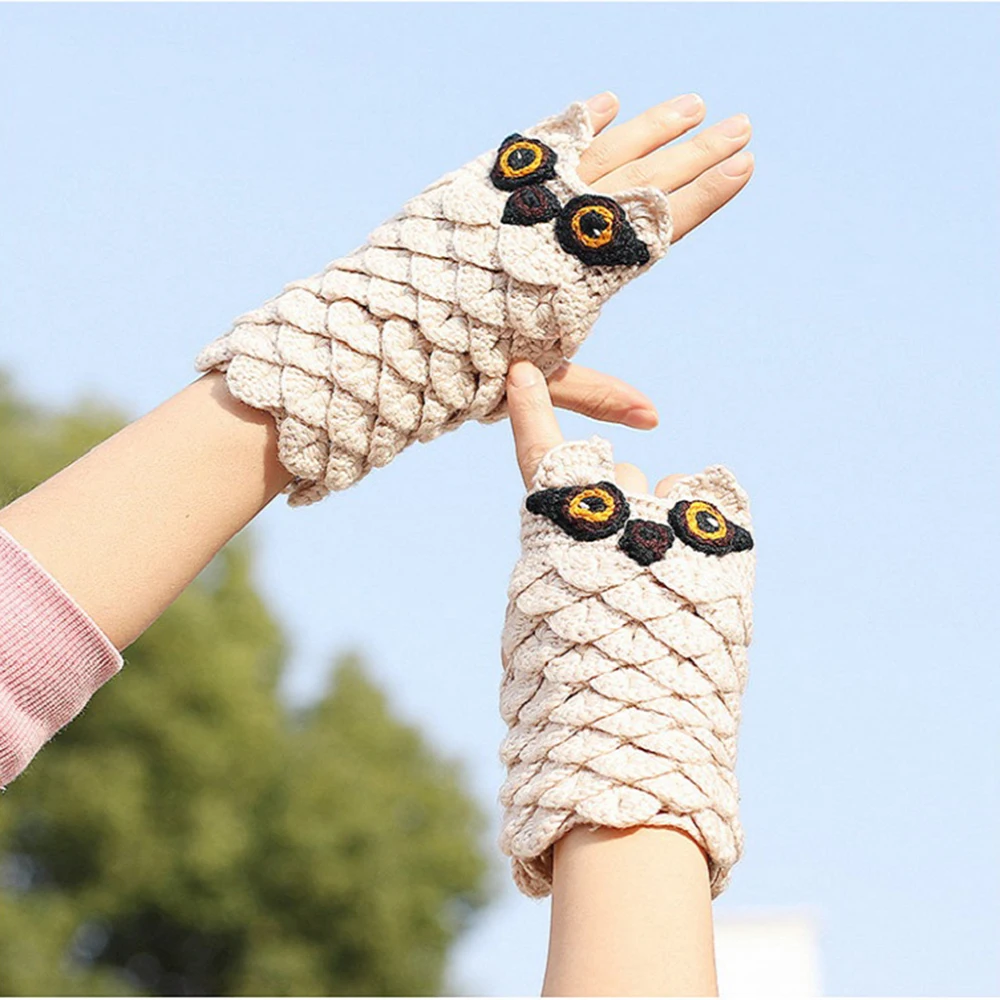 Gloves Female Winter Warm Knit Half Finger Wool Thickening Jacquard Korean Version Of The Finger Owl Cartoon Writing