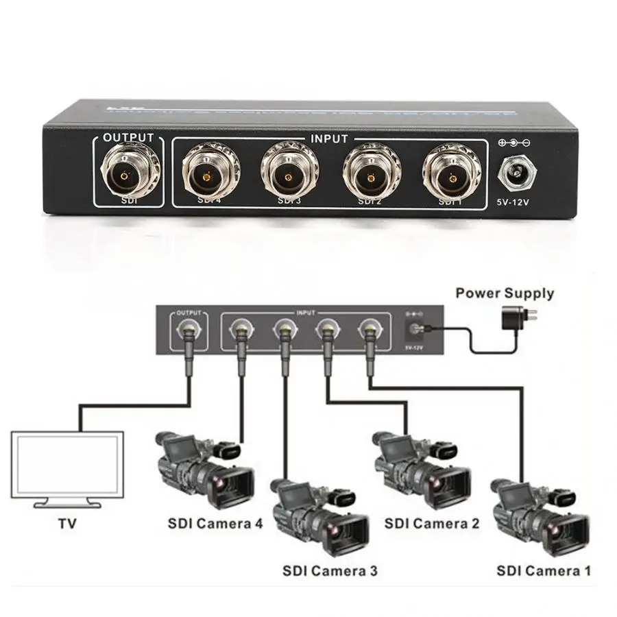 4 BNC Ports SDI/HD-SDI/3G-SDI HD Seamless Screen Switch Device Switcher Adapter(100-240V US) SDI Extender