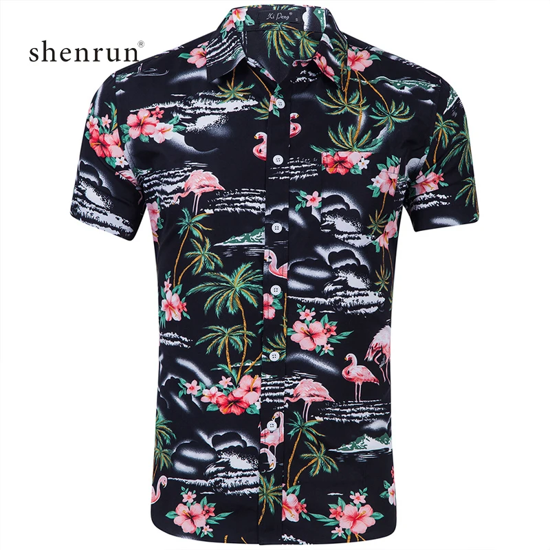 GD029-1 Shenrun, мужские рубашки, летние, короткий рукав, пальма, фламинго, принт, пляж, гавайский узор, Повседневная рубашка для мужчин, красный, синий, зеленый, черный - Цвет: GD029-1