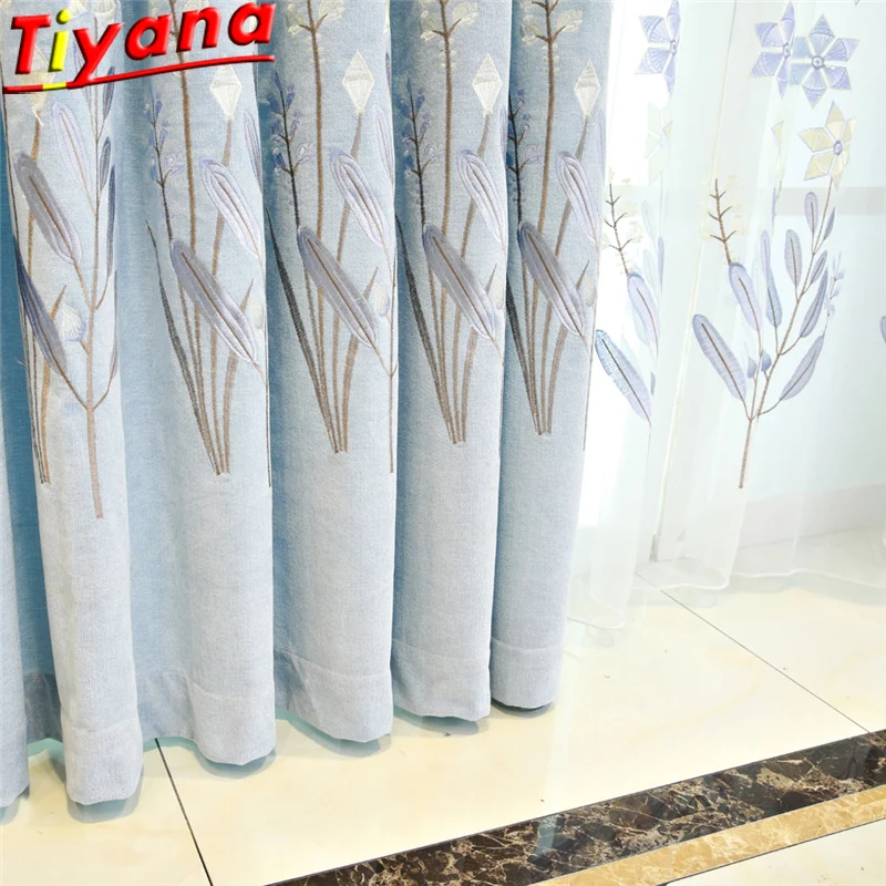 

Luxury Plant Flower Embroidered Tulle Living Room Chenille light blue Curtains 70% Shading Window Drapes Voile Tulle WP426#40