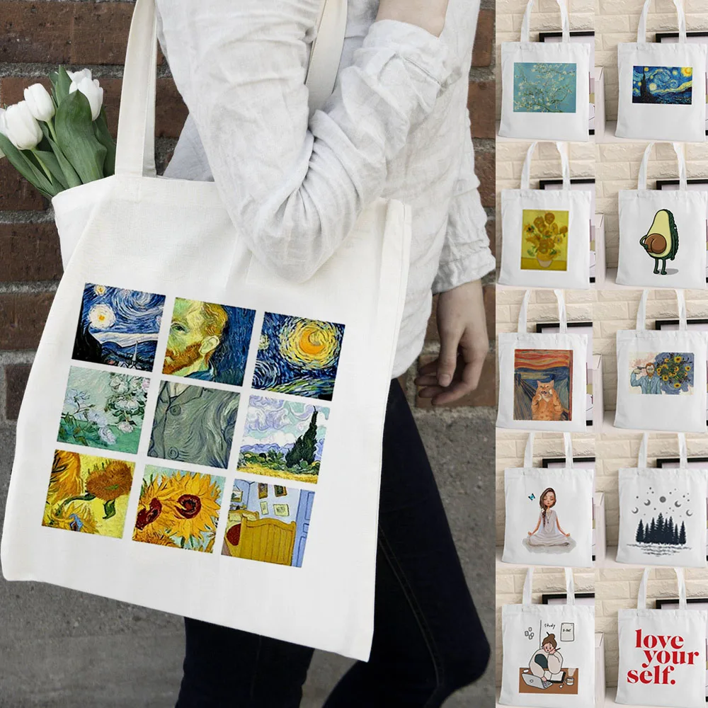 Van Gogh-Bolso de compras con estampado Harajuku para mujer, bolso de lona Ulzzang, ecológico, de gran capacidad