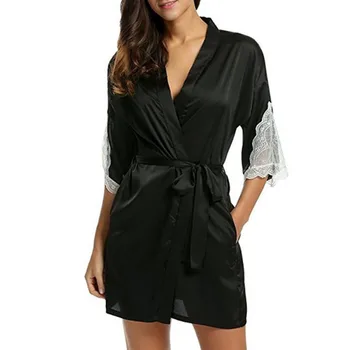 

Nightgown Short Home Women Sleepwear Gift Smooth Cardigan With Waist Belt Half Sleeve Lace Trim Bathrobe Artificial Silk V Neck