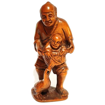 

Y6408-2" Hand Carved Boxwood Netsuke : Immortal Man with Kid and Bird…