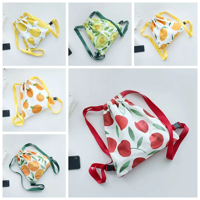 

1pc Cotton Canvas Color Match Eco Drawstring Backpack Student Book Bag Print Fruit Apple Pear Orange