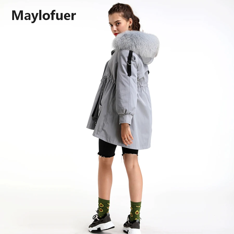 Maylofuer новая парка из натурального меха съемная подкладка из кроличьего меха Рекс с воротником из лисьего меха пальто с капюшоном женские парки куртка из лисьего меха