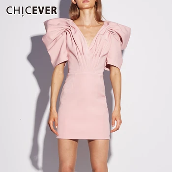 

CHICEVER Casual Ruched Women's Dresses V Neck Puff Half Sleeve High Waist Mini Dress For Female 2020 Fashion Clothing New Tide