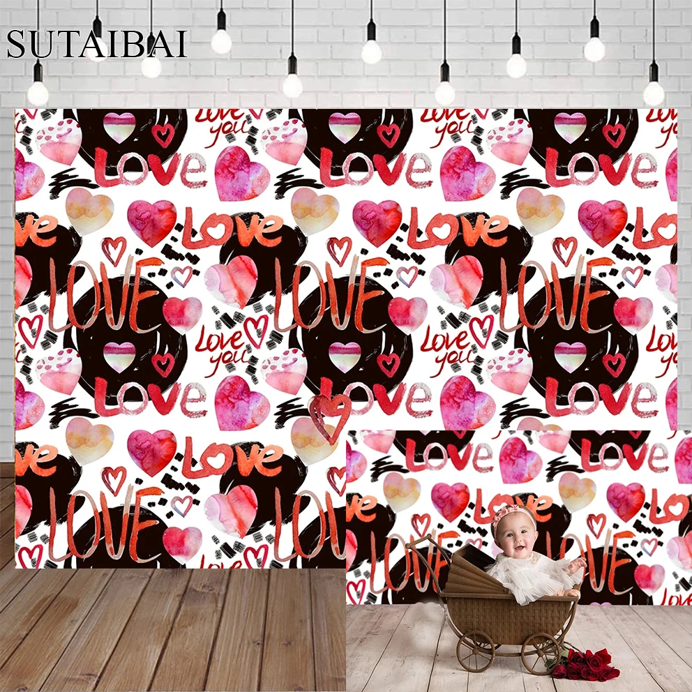 Sfondo Di San Valentino Baby Photo Booth Sfondo Disegnato Black Pink Love Hearts Photography Studio Lover Portrait Poster Puntelli