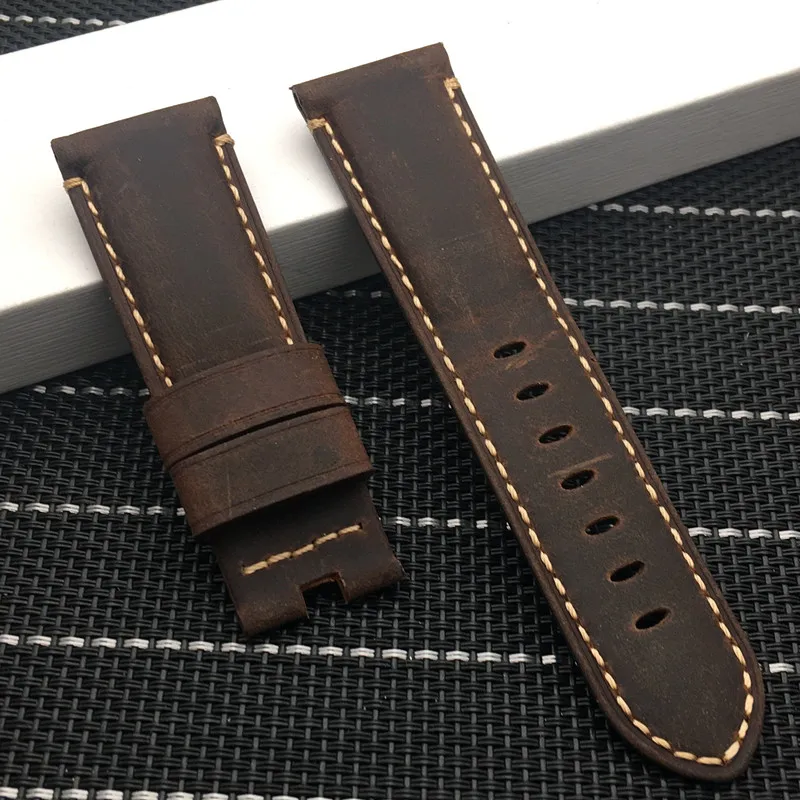 Brown 4 strap 24 мм коричневый Ретро Crazy horse из натуральной кожи ремешок для Panerai ремешок для PAM441 Браслет Бабочка Пряжка ремешок для часов - Цвет ремешка: Brown 4 strap
