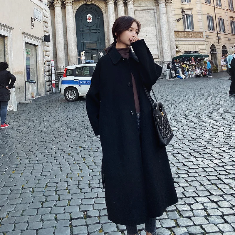

2020 Autumn New Style Korean-style Fold-down Collar Duffle Coat Women's Vintage Middle Long Coat Young-Style Casual Tops