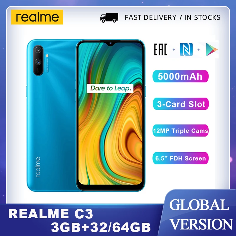Realme C3 глобальная версия смартфон 3 Гб оперативной памяти 32/64 ГБ 5000 мАч Helio G70