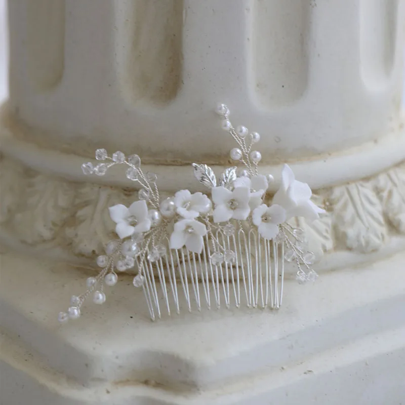 Floralbride Handmade Wired Alloy Ceram Flower Pearl Bridal Hair Comb Wedding Headdress Hair AccessoriesBridesmaids Women Jewelry