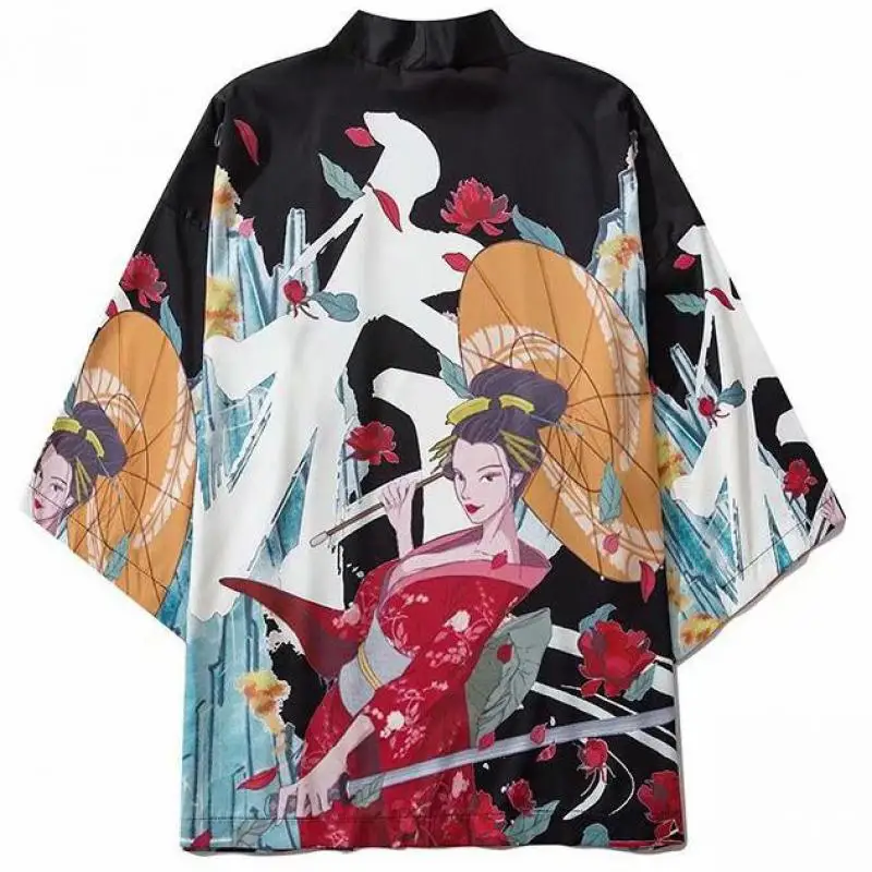 

Haori Obi Asian Clothes Samurai Print Floral Black Men Kimono Gown Thin Harajuku Japanese Style Kimono Cardigan Oversized Blouse