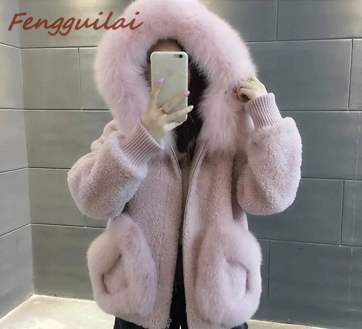 

FENGGUILAI High Quality Warm Latest Winter Female Sheepskin Coats Pure Color Fox Collars Faux Fur Furs Big Yards Cashmere Coat