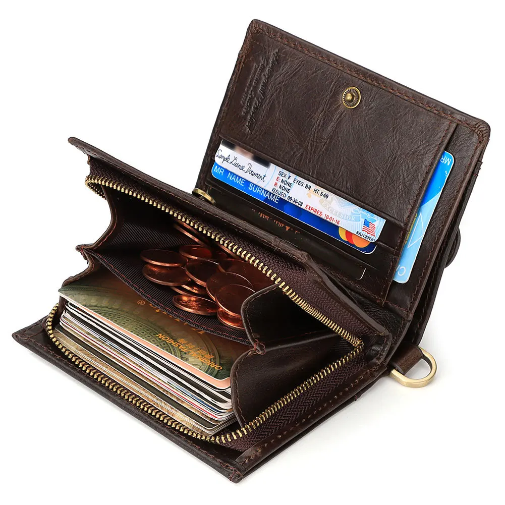 Men's Short Wallet with Key Chain Real Cow Leather Multi-functional RFID Blocking Male Wallets Cards Holder Coin Pocket Purse | Багаж и