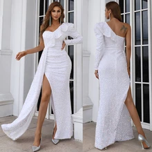 Longue robe de soirée à paillettes pour femmes, asymétrique épaule dénudée, à volants, fente latérale, dos nu, blanche, Sexy