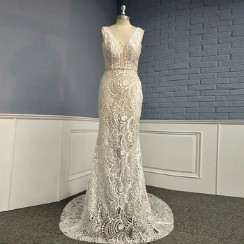 

Modern Romance Sexy Illusion Cut Out Sparkle Heavy Beaded V Neck Sweep Trian Wedding Dresses