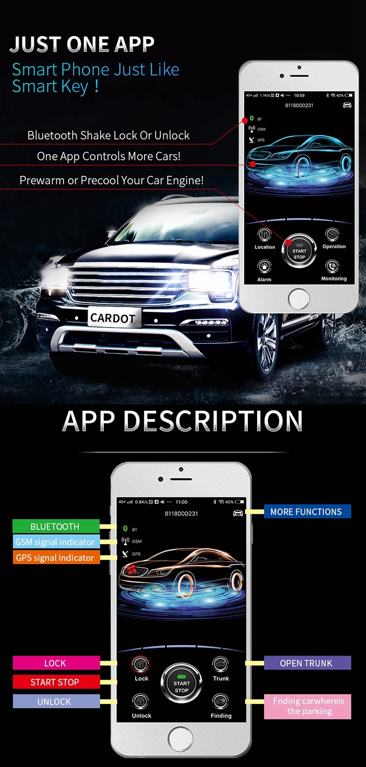 CARDOT 2G двигатель старт стоп gps bluetooth pke Автомобильная сигнализация