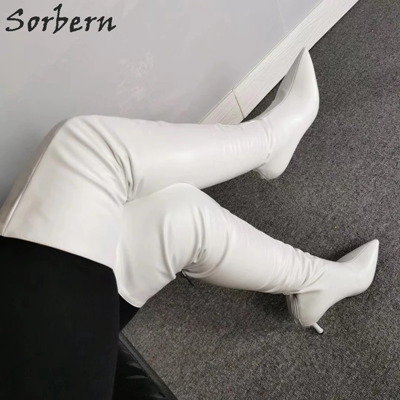 Sorbern/Сапоги выше колена на каблуке «рюмочка»; женские сапоги до середины бедра с острым носком; зимняя обувь; женские белые сапоги на заказ