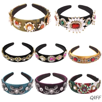 

Ethnic Baroque Velvet Wide Headband Crown Women Vintage Colorful Imitation Crystal Jewelry Wedding Banquet Hair Hoop Headwear