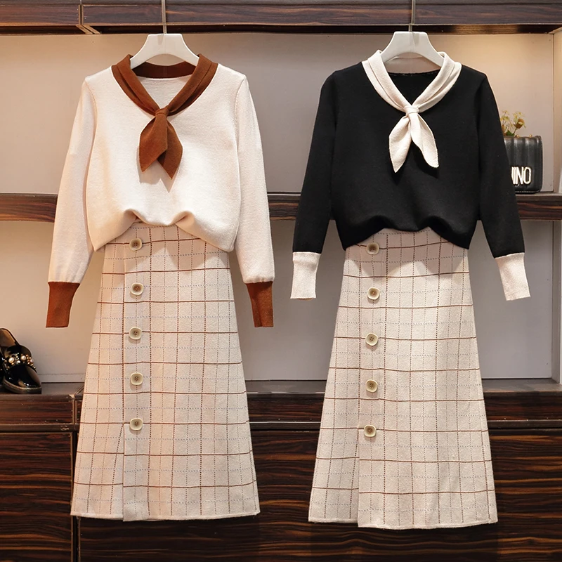 

Fat Sister Early Autumn New Type 2019 Large-size Westernized Tie Knitted Sweater Half-length Skirt Two Sets