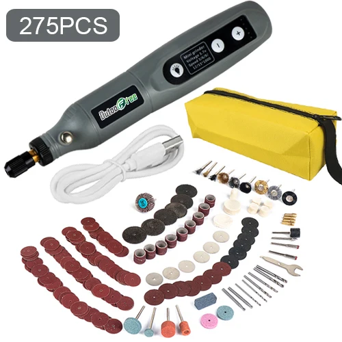 USB Mini Cordless Drill Pen Rechargeable Wireless Engraving Pen With LED Rotary Tool Dremel Electric Drill Grinding Accessories Gray-275PCS