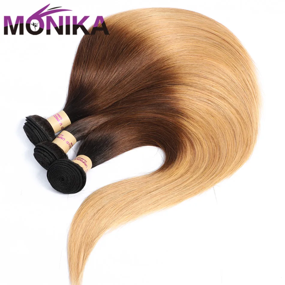 Monika предварительно окрашенные волосы пряди T1B/4/27 Омбре волнистые волосы бразильские человеческие прямые волосы 3 пряди не Реми медовые светлые пряди