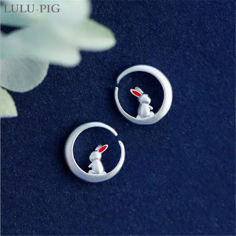 LULU-PIG, новинка 925, серьги из стерлингового серебра с Луной и кроликом, свежие милые маленькие белые серьги с кроликом для студентов, для женщин, 9 мес.-12