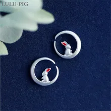 LULU-PIG, новинка 925, серьги из стерлингового серебра с Луной и кроликом, свежие милые маленькие белые серьги с кроликом для студентов, для женщин, 9 мес.-12
