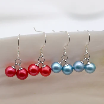 

Red Round Pearls Eardrop Earrings Two Pearls Twins Pearl Earrings 925 Sterling Silver Hook Pearl Earrings 6-8MM Rainbow Pearl E1